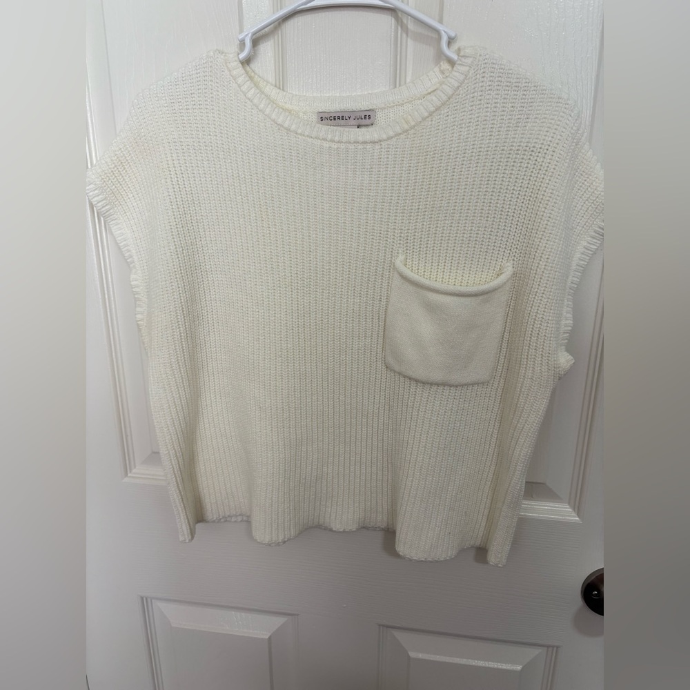 Sincerely Jules Cream Knit Sleeveless Pocket Sweater